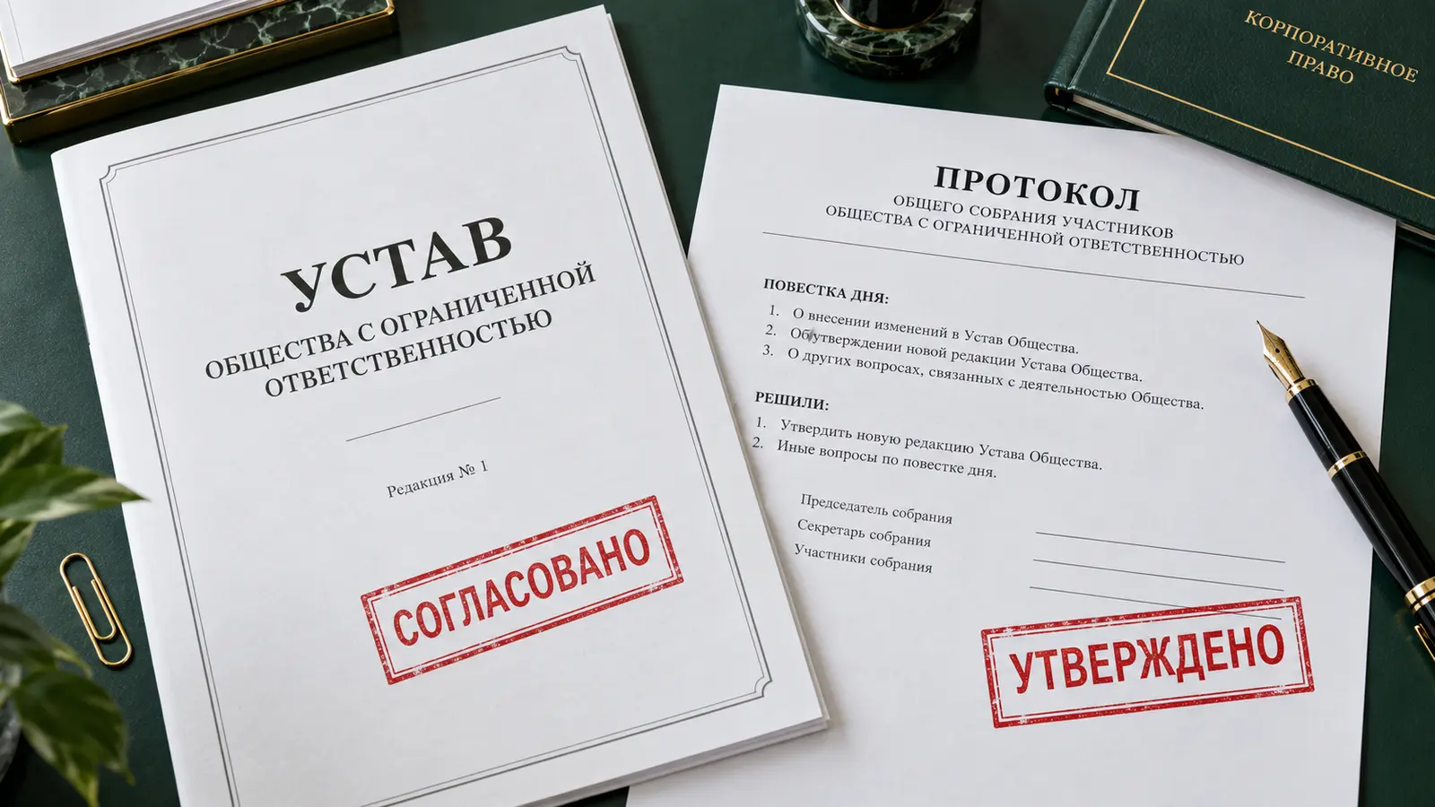 Устав, протокол и отметки «Согласовано» и «Утверждено»